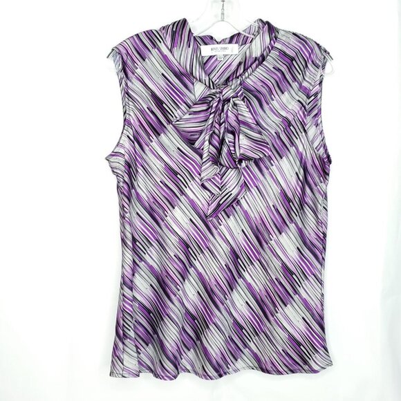 Womens Sleeveless Blouse L Purple Gray Bow Neck Tie Vintage 90s Secretary - Picture 1 of 4